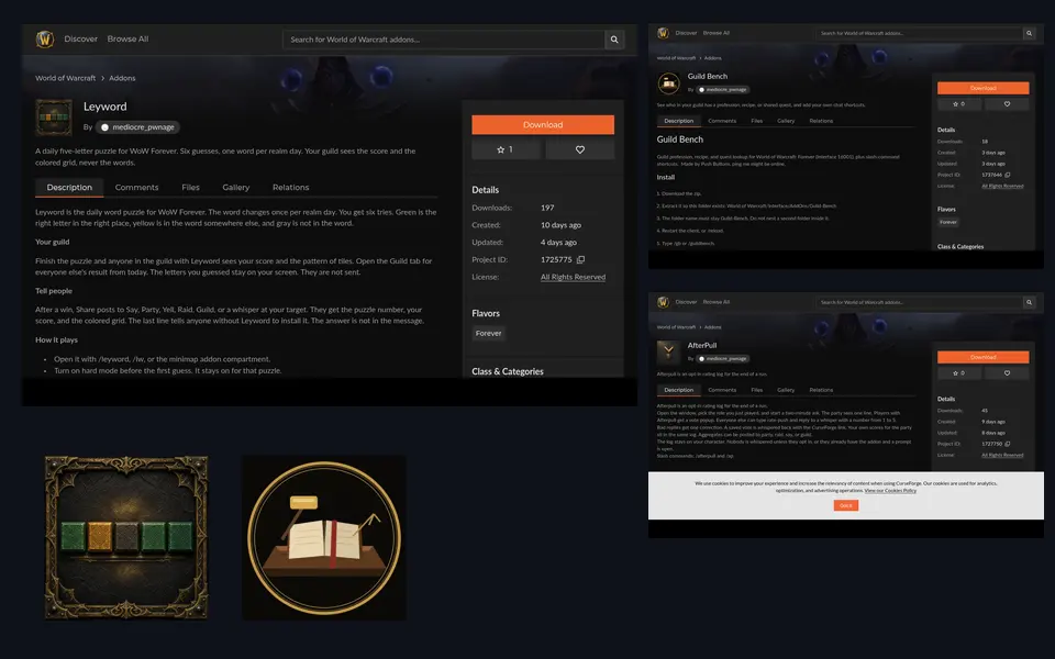 Collage of the Leyword, Guild Bench and Afterpull addon pages on CurseForge with the Leyword and Guild Bench icons