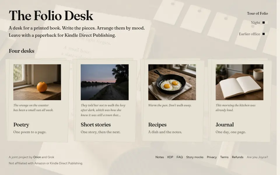 The Folio Desk home page with four desks: poetry, short stories, recipes and journal